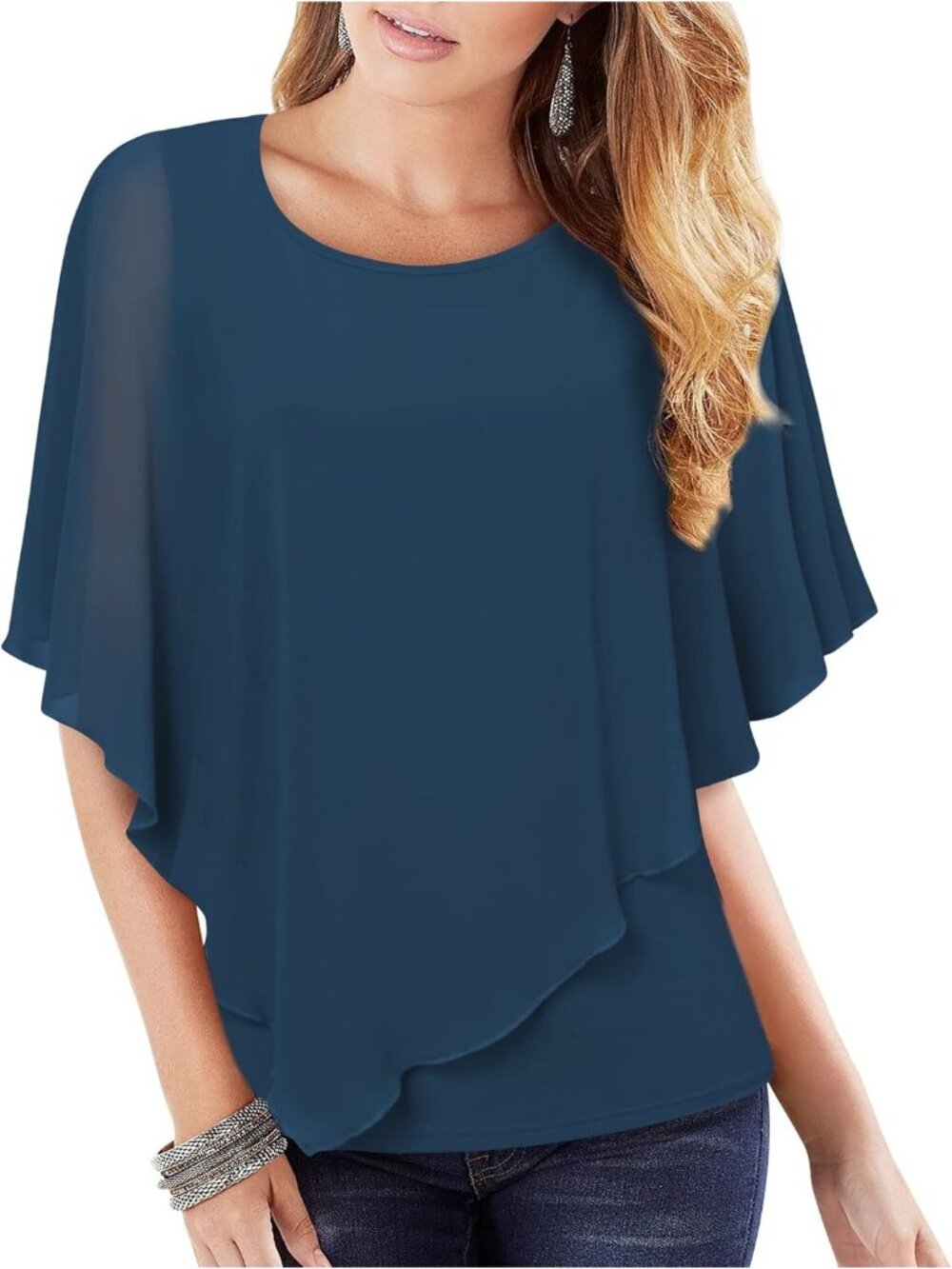 Women's Blue Elegant Lightweight Flowy Shirt Double Layered Printed Top